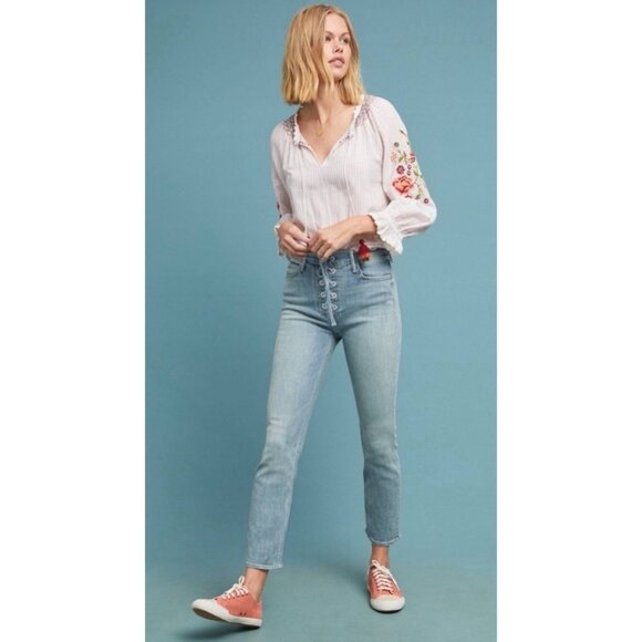 Mother The Dazzler Blue Denim Lace-Up High-Rise Ankle Tinge Jeans, Sz 28, Frayed - Picture 1 of 6